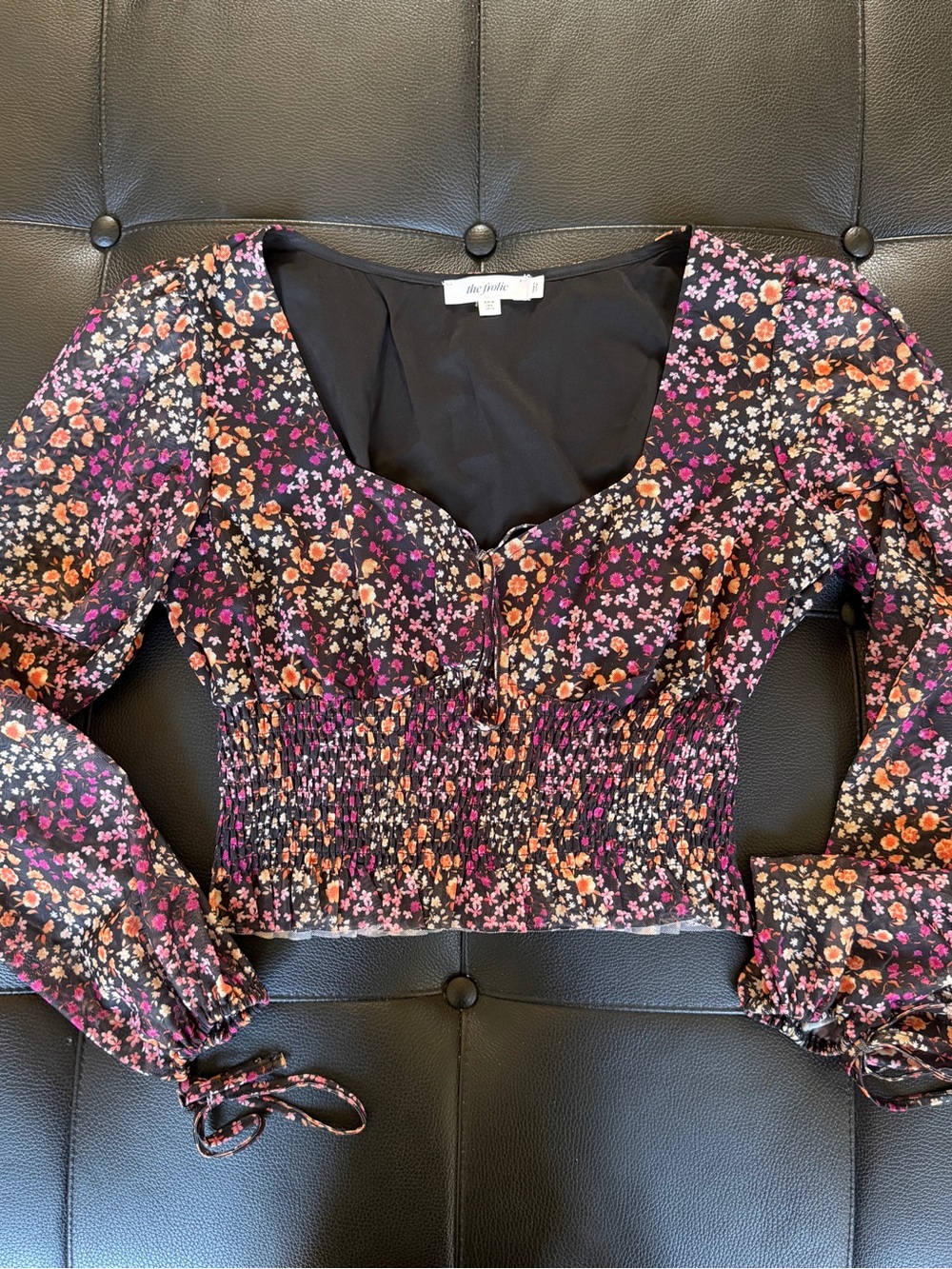 Black Floral Smocked Puff-Sleeve Crop Top